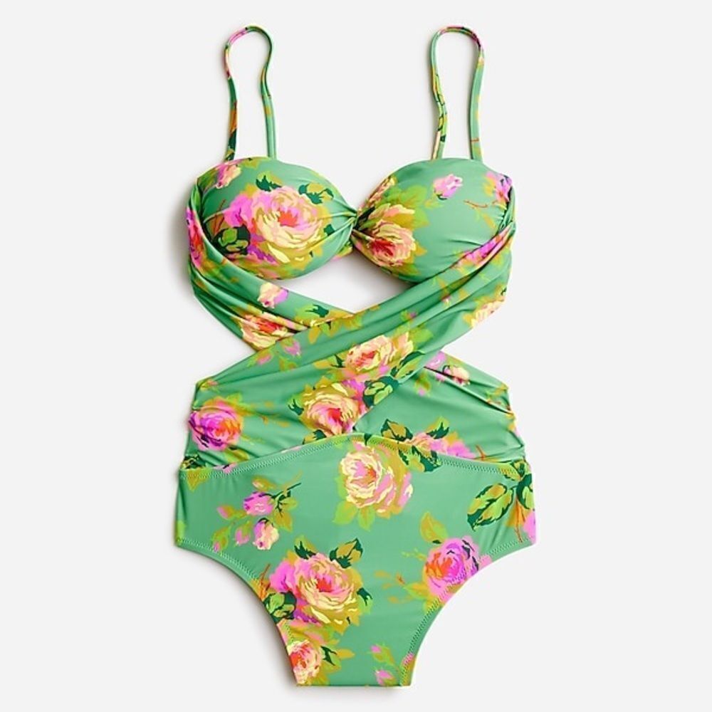 J.Crew Crisscross cutout bandeau one-piece in rose garden BM443 / Classic Green